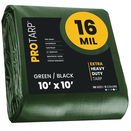 Heavy Duty Tarp, 10 ft x 10 ft, 16 Mil, Green/Black, Polyethylene, Waterproof, Rip and Tear Proof